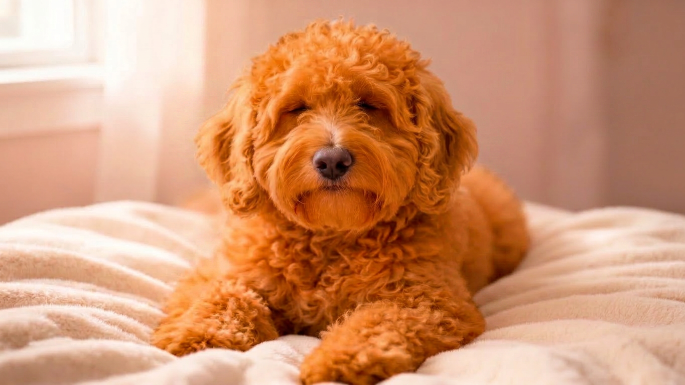 Pumkin, our sweet mama doodle, resting on a cream blanket